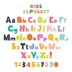 Children's font in the cartoon style. Set of multicolored bright letters for inscriptions. Vector illustration of an alphabet. – Vector