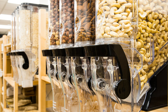 Self service bulk organic food. Eco-friendly zero waste shop. Small local business. Cashew nuts, almonds, roasted bold hazelnut and raw bold hazelnut