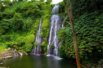 Waterfall scenery. Tropical landscape. Nature background. Adventure and travel concept. Natural environment. Slow shutter speed, motion photography. Banyumala waterfall, Bali