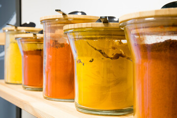 Self service bulk organic food. Eco-friendly zero waste shop. Small local business. Ground black pepper, black peppercorns, white pepper and red pepper