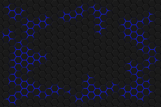 Abstract hexagonal background. Bright blue light energy flashes under the hexagon. Dark honeycomb texture with blue flares. © lissmi