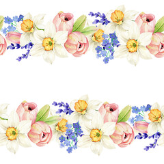 seamless pattern border delicate spring flowers watercolor, floral background hand painted on a white background. for invitations, decor and design