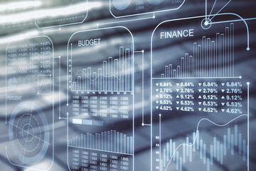 Abstract virtual stats data hologram on blurry abstract metal background. Multiexposure