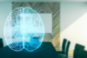 Virtual creative artificial Intelligence hologram with human brain sketch on a modern coworking room background. Double exposure