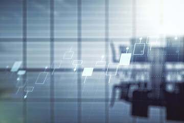 Fototapeta premium Abstract virtual financial graph hologram on a modern conference room background, forex and investment concept. Multiexposure