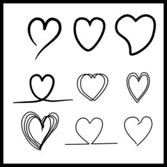 Hand drawn doodle grunge heart vector set. Set of outline hand drawn heart