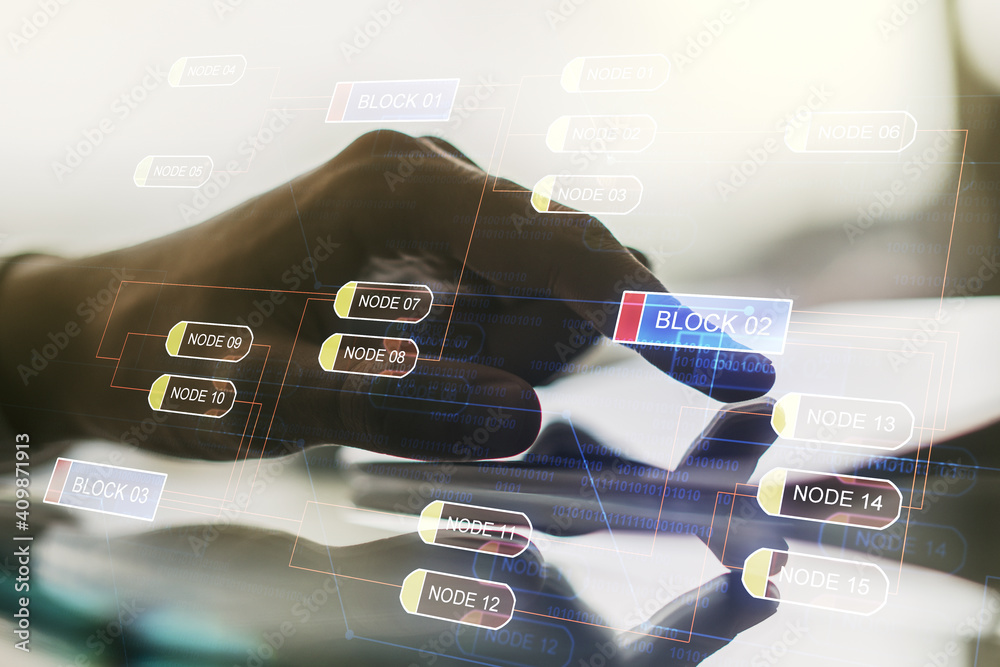 Poster multi exposure of abstract programming language hologram and hand working with a digital tablet on b