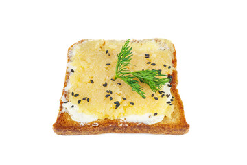 Bread piece with delicious cod caviar on white background