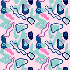 Abstract unusual seamless pattern with shapes and wave lines