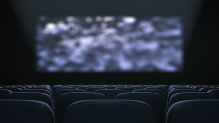 Film screening at the cinema. View from the back row. Focus on the foreground. No people.