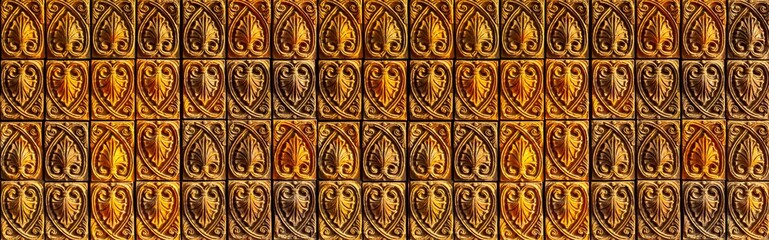 Panorama of Patterned brown clay tile wall texture and background seamless
