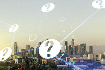 Double exposure of abstract virtual question mark hologram on Los Angeles city skyscrapers background. Sociology and psychology concept