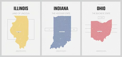 Fotobehang Vector posters detailed silhouettes maps of the states of America with abstract linear pattern, Division East North Central - Illinois, Indiana, Ohio - set 4 of 17 © max_776