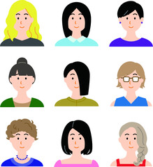 色々な髪型をした女性のカラーアイコン