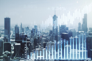 Obraz premium Multi exposure of abstract virtual financial graph hologram on Chicago skyline background, forex and investment concept