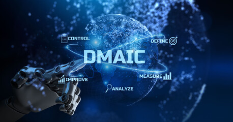 DMAIC Lean manufacturing Six Sigma Business technology concept. Robotic arm 3d rendering.