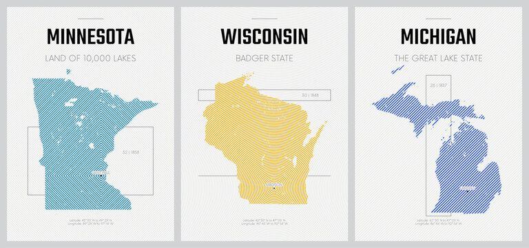 Vector posters detailed silhouettes maps of the states of America with abstract linear pattern, The Great Lakes region - Minnesota, Wisconsin,  Michigan - set 5 of 17