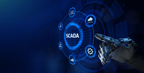 SCADA Supervisory control and data acquisition technology concept on virtual screen. Robotic arm 3d rendering.