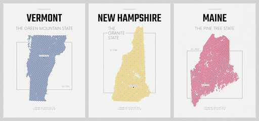 Vector posters detailed silhouettes maps of the states of America with abstract linear pattern, Division New England - Vermont, New Hampshire, Maine - set 1 of 17 - obrazy, fototapety, plakaty