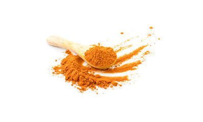 Turmeric powder in a wooden spoon on white background.