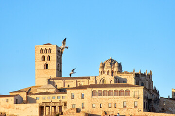 Obraz premium Horizontal view of the cathedral of Zamora at sunset with the Duero River