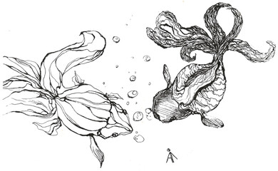 Hand drawn ink goldfishes, fishes with bubbles in sea. Long fins. Swimming in the ocean. Children book art. Black pen, monochrome. Raster stock illustration, white isolated.