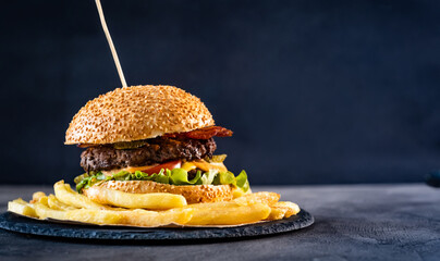 Juicy burger on stone plate with french fries