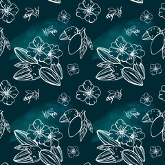 seamless pattern, hand drawn sketch style almond, organic nut, doodle illustrations collection isolated on textured background, line art