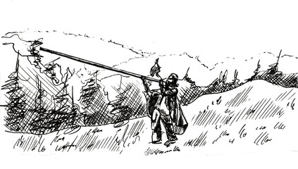 Hand drawn ink man playing trembita, trumpet  in the forest. Ethnic monochrome background. Music instrument. Traditions and culture. Raster stock illustration, white isolated.