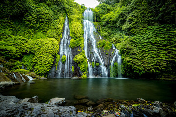 Fototapeta na wymiar Waterfall scenery. Tropical landscape. Nature background. Adventure and travel concept. Natural environment. Slow shutter speed, motion photography. Banyumala waterfall, Bali