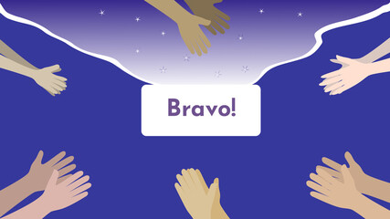 Human hands clapping ovation on dark blue background with text bravo in flat design.