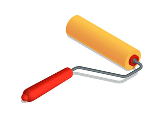 Isometric vector illustration orange paint roller isolated on white background. Realistic paint roller brush icon in flat cartoon style. Tool for painting and renovation. Construction tool.