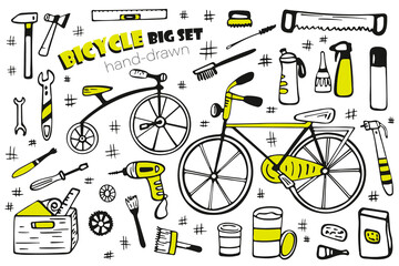 Bicycle repair tools and accessories big set. Two beautiful bicycles hand-drawn isolated on a white background. Image