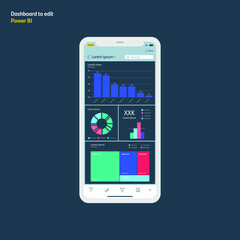 Data visualization dashboard on mobile. Power bi design. Graphs and charts. Business report. EPS10