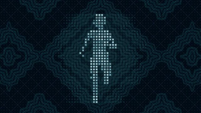 Profile of a man running toward the viewer dots pattern. 3d render loop. 4K, UHD