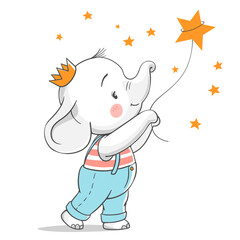 Vector illustration of a cute baby elephant catching a star.