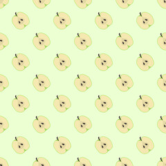 Apple seamless pattern. Halfs of green apples on a light green background. Hand-drawn design for wrapping paper, fabric, textile, packaging, stationery.  - 409875186