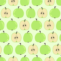 Apple seamless pattern. Green apples and halfs apples with seeds on a light green background. Hand-drawn design for wrapping paper, fabric, textile, packaging, stationery.  - 409875192