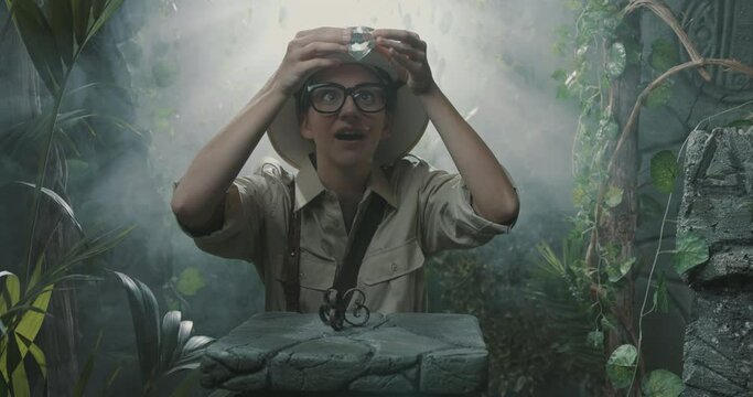 Explorer finding a precious treasure in the jungle
