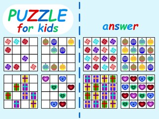 Sudoku puzzle for kids stock vector illustration. Simple sudoku puzzles set with answer for kids. Four educational logic games with winter symbols colorful worksheet. Four sudoku childish puzzles