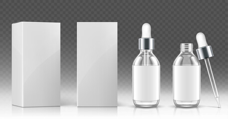 Glass dropper bottle for cosmetic oil or serum and white package box in front and angle view. Vector realistic mockup of empty flask with pipette and silver cap for medical drops or skincare product