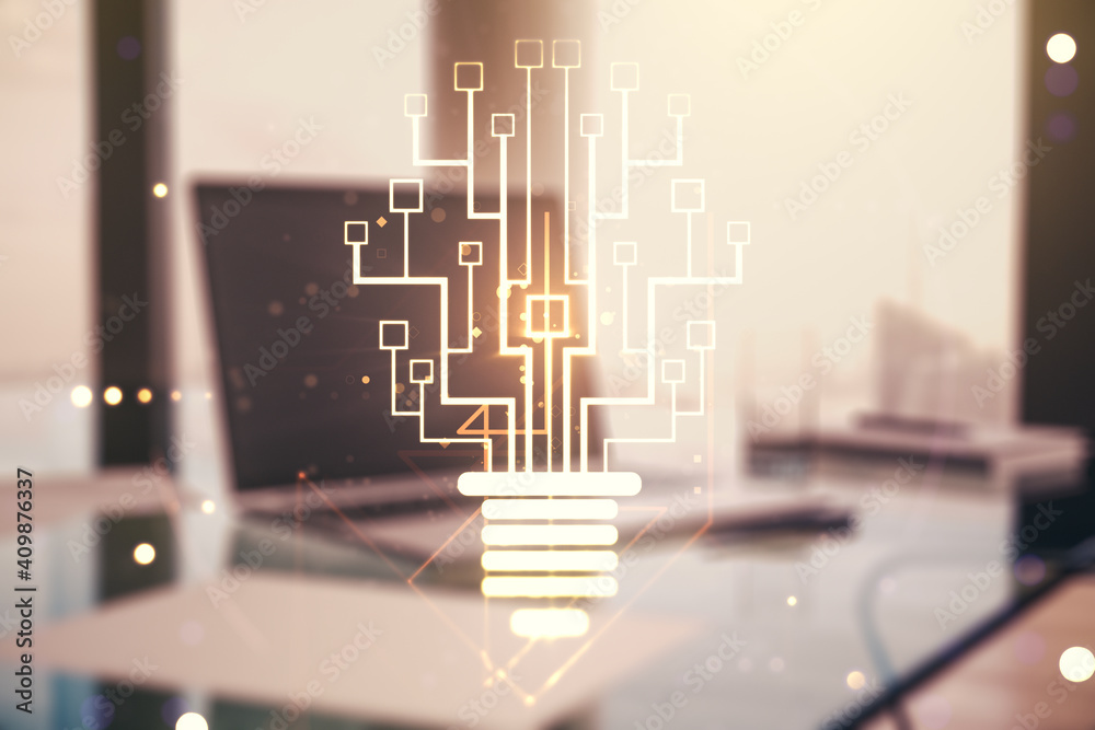Poster creative light bulb with chip hologram on modern laptop background, artificial intelligence and neur