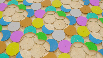 Fototapeta na wymiar Color circles children toys wood heart. Valentine's or wedding background. 3d rendering