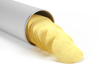 Open white cardboard cylinder box can with potato chips. 3d rendering