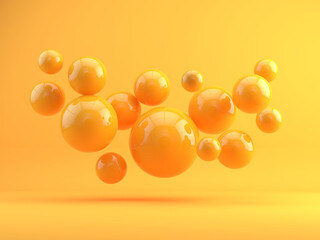 Many orange spheres falling on a orange background. 3d rendering