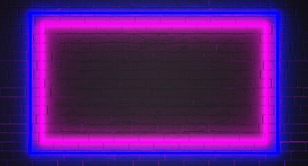 Neon rectangle frame on a brick wall. Template neon sign. Pink and blue colors of lights tubes. Dark brick wall background. 3d illustration.