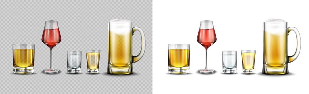 Glasses with alcohol drinks, beer with foam in mug, red wine, vodka, cognac and whiskey in shots. Vector realistic set of clear glassware with beverages isolated on white and transparent backgrounds