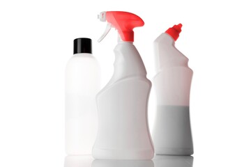 Blank bottle for soap shampoo and mineral cosmetic. Clear plastic cap for sanitizer gel set or water isolated on white. Spray, pump transparent background. Blank packaging.