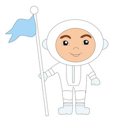 cute astronaut boy with flag - isolated illustration