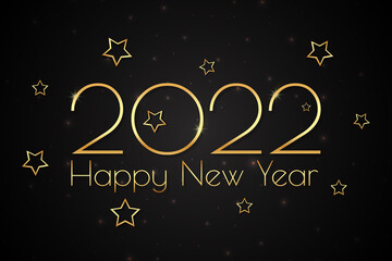 Happy New Year 2022. Festive background design with text, numbers and gold stars, serpentine and glare.